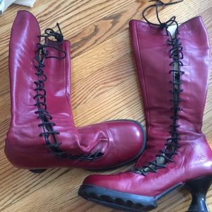 Red Fluevog Sugar Corset Lace Up Boot